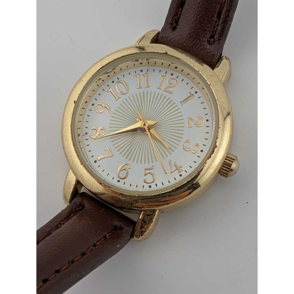 Time & Tru Watch Women 26mm Gold Case Brown Faux Leather Band- New Battery